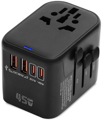 Great Jacob 45W Adaptateur de Voyage Universel dans Le Monde Entier avec PD45W, 2 USB, 2 USB C et 1 Prise AC, Adaptateur de Prise International, pour l'Allemagne, Les États-Unis, l'Angleterre, la