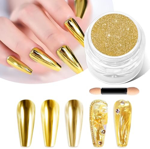 BISHENGYF Gold Chrome Nail Powder – Metal Holo Chromfarbener Nagelpuder, 1g Cromepulver Nägel Glitzer Glänzende Gold Nagelpulver Spiegeleffekt für Pigment Nagelkunst, DIY-Design-Dekor Frauen Geschenk
