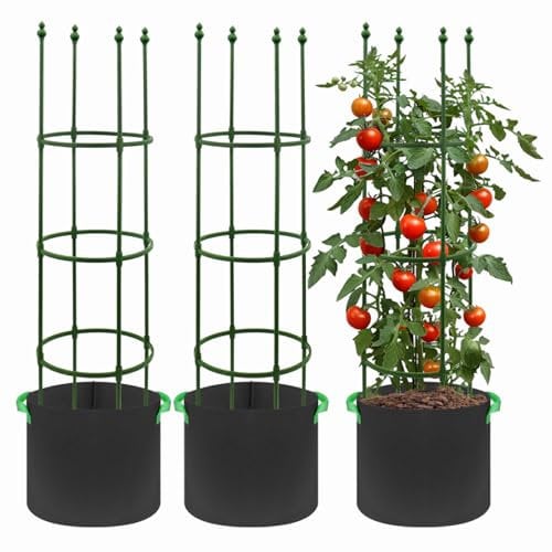 G-LEAF 3 Stück 140 cm Garten Rankhilfe Tomatenkäfig Pflanzenstütze mit 3 Pack 10 Gallonen Runder Pflanzbeutel Obelisk Klettergerüst Spalier| Rankgitter Kletterhilfe| Kletterpflanzen,Tomaten,Rosen