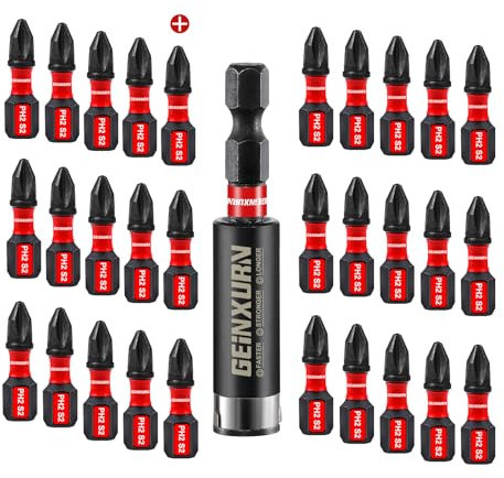 Geinxurn PH2 Kreuzschlitz Schrauber Bit Set, 30 Stück 25mm #2 Phillips 1/4 zoll Sechskantschaft S2 Legierter Schlagfester Stahl Bitsatz mit 1 Stück 60mm Magnetisch Bit-Halter, Bulk