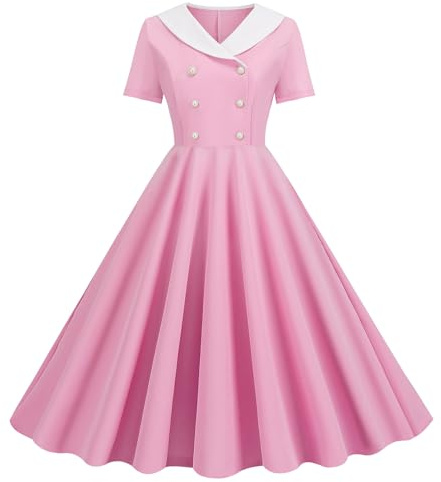 Robe trapèze vintage soirée années 50 pour femmes Big Swing Midi manches courtes col en V avec décoration boutons faux double boutonné fermeture éclair cachée fête rétro en
