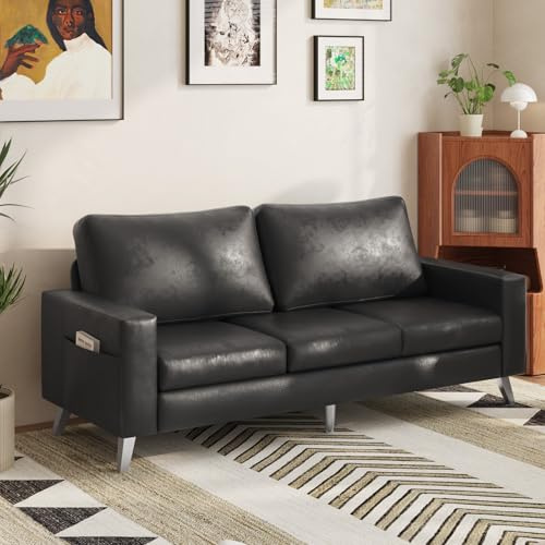 YODOLLA 3 Seater Modern Faux Leather Sofa Couch 200cm,Black