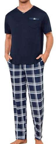Leversic Men's Short Sleeve Pyjamas Top Long Plaid Sleep Pants Plus Size | V-Neck Pjs Top and Long Checked Pyjama Bottom Soft Comfortable Loungewear Set for Sleeping or Lounging at Home S-3XL