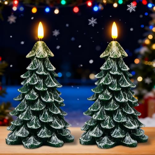 Wondise Flammenlose Weihnachtsbaum-Kerzen mit 6-Stunden-Timer, 2 Stück, batteriebetriebene LED-Kerzen, 3D-Docht, grüne elektrische Kerzen für Weihnachtsfeiertagsdekorationen