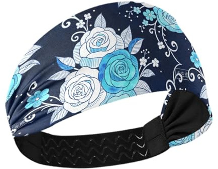 KLL Böhmische Haarbänder mit mysteriösen blauen Blumen, rutschfeste Haarbänder für Damen, dehnbar, für Yoga, Make-up, Fußball