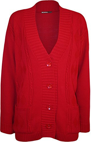 WearAll Plus Size Womens Button Long Sleeve Pocket Top Ladies Knitted Cardigan - Red - 14-16
