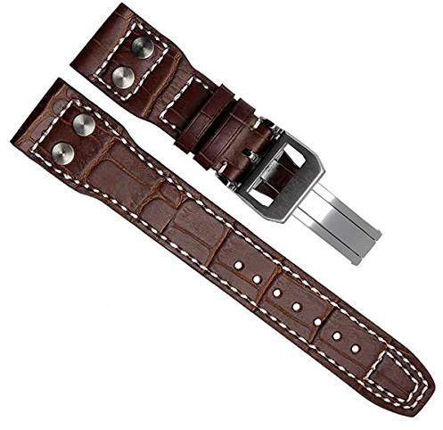 Green Olive Uhrenarmband aus echtem Leder, 22 mm, passend für IWC-Pilotenuhren (silberfarbene Schnalle/braun)