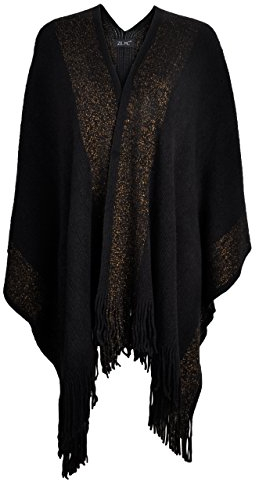 ZLYC Damen Weiche Schlichte Poncho Capes Retro Cardigans Pullover, Einheitsgröße, Schwarz