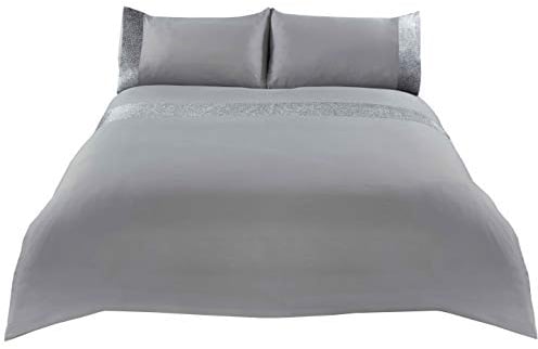 Sienna Glitter Duvet Cover with Pillow Case Sparkle Glitz Velvet Bedding Set - Grey Silver, Double