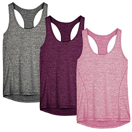 icyzone Damen Sporttop Yoga Tank Top Ringerrücken Oberteil Laufen Fitness Funktions Shirt, 3er Pack (XL, Charcoal/Red Bud/Pink)