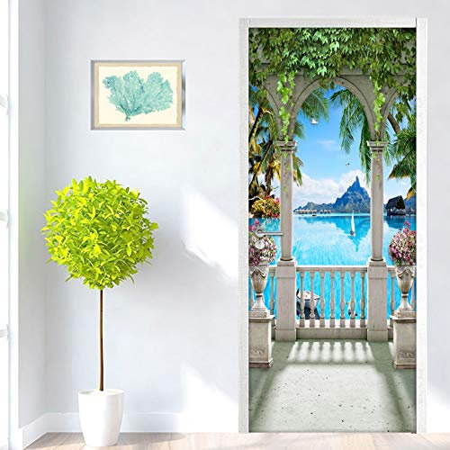 Papier peint mural de photo du paysage 3D de balcon pour le papier peint imperméable auto-adhésif de PVC de porte de chambre à coucher de salon, 95 * 215Cm