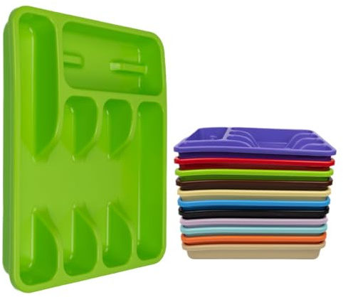 ECO Plastic Large Cutlery Drawer Organiser | 6 Compartment Cutlery Tray for Drawers | Multi Color Cutlery Trays for Kitchen Drawers | Kitchen Drawer Organiser for Forks, Spoons & Knives (Green)