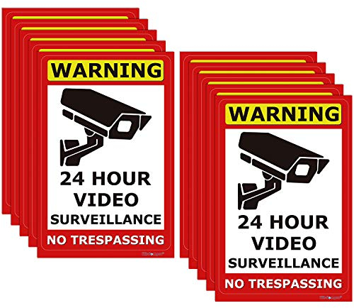 Wisdompro 10 Pack 24 Hour Video Surveillance Sign, CCTV Security Camera Sign, 4 x 6 Inch No Trespassing Warning Sticker, Indoor or Outdoor Use for Home, Business - UV Protected & Waterproof