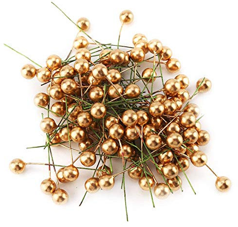 HERCHR 100 Pezzi di Bacche di Agrifoglio Artificiale, Mini Bacche finte Dorate, Decorazioni per la Corona dell'albero di Natale, Artigianato Fai-da-Te(12mm)