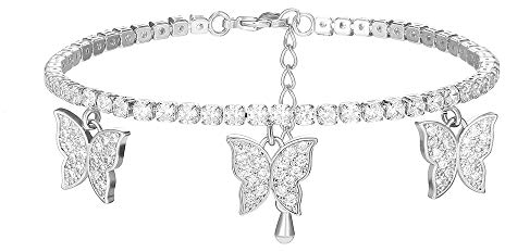 Bracciale tennis farfalla per donna, ciondolo bracciale da polso regolabile con catena placcata argento oro rosa con cristalli di zirconi (Placcato in argento)