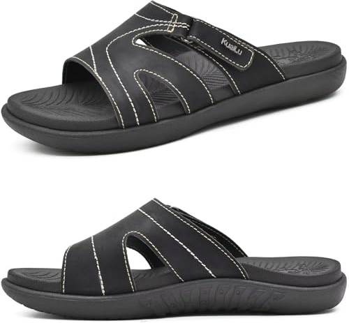 KuaiLu Womens Fashion Orthotic Slides Ladies Athletic Yoga Mat Memory Foam Walking Sandals Thick Cushion Recovery Summer Beach Slippers Comfortable Plantar Fasciitis Arch Support Black Size 8