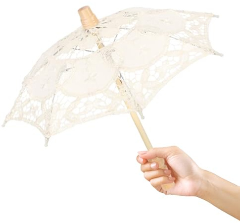 Hapivida Lace Parasol Umbrella, Elegant Vintage Bridal Lace Umbrella with Wooden Handle for Wedding Photo Props, 44x50cm White Beige, Decorative Parasol for Brides Party Decoration
