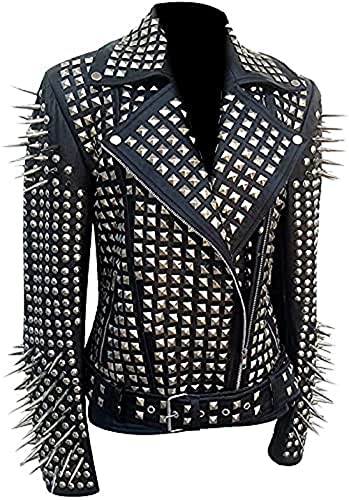 HiFacon Damen Biker-Lederjacke mit Nieten, Retro-Stil, Retro-Stil, Schwarz Gr. M, Schwarz – Lederjacke mit Nieten