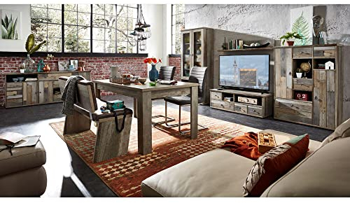 Lomadox Wohn- und Esszimmerset Vintage Ausziehtisch Sitzbank Wohnwand Driftwood braun