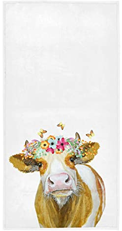 Naanle Niedliche Kuh mit Blumenkranz, Schmetterling, weich, sehr saugfähig, Gäste, große Heimdekoration, Handtücher für Küche, Bad, Hotel, Fitnessstudio und Spa (40,6 x 76,2 cm)