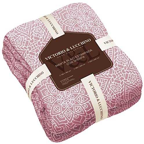 Victorio & Lucchino Manta Plaid Beverly Estampada con Borreguito Sherpa - Manta Suave para el Sofa o para Cama (VL-80513 Rosa, 130x160 Cm)