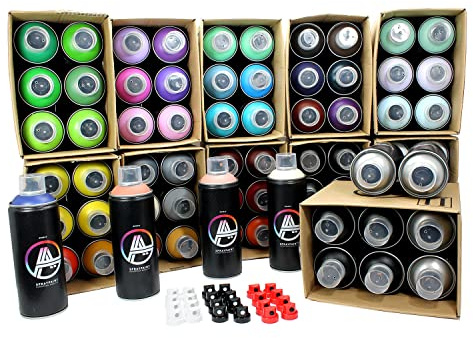 Double A Spraypaint Sprühdosen Set, Paket Multicolor Maxi, 72 Spraydosen 400ml + Sprühaufsätze