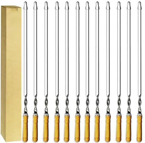 Antallcky Confezione da 12 spiedini per kebab, 50 cm, in acciaio inox, resistenti, grandi, riutilizzabili, con manico in legno antiscivolo, ideali per shish, kebab, pollo, gamberetti e verdure