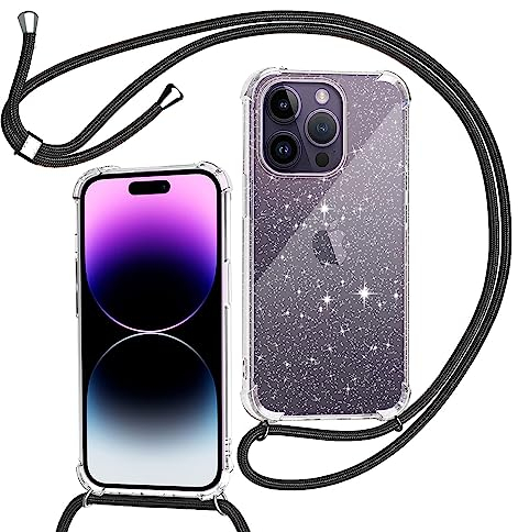 Tikgue Coque pour iPhone 14 Pro Max avec Cordon, Collier Coque Glitter Transparent Paillettes Etui TPU Bumper Silicone Case avec Chaîne Lanière Housse Compatible avec iPhone 14 Pro Max - Le Noir
