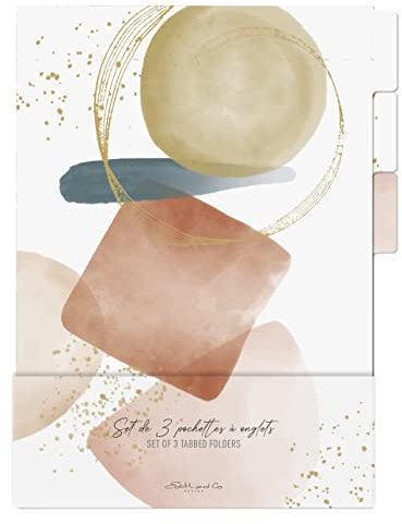 Clairefontaine 115979C - Un Set de 3 Pochettes A Onglets Motif Géométrique/Montagne tons Rose Poudré, beige, ocre et bleu 22x31 cm - Classement - Organisation - Rangement - Collection Evanescence