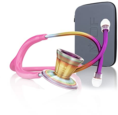 MDF Kaleidoskop ProCardial Kardiologie-Stethoskop, Leichtgewicht Titan, Erwachsene, Doppelkopf, Fuschia-Schlauch, Kaleidoskop-Brustst¸ck-Headset, MDF797TKL32+ Reiseetui