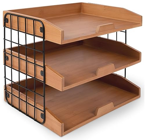 Ecordesk Wood Desk Organizer - Sturdy Letter Tray Desk Organizer, 3 Tier Wooden Paper Tray Organizer, 1/3 Thick Bamboo Shelves Paper Organizer for Desk with Metal Frame