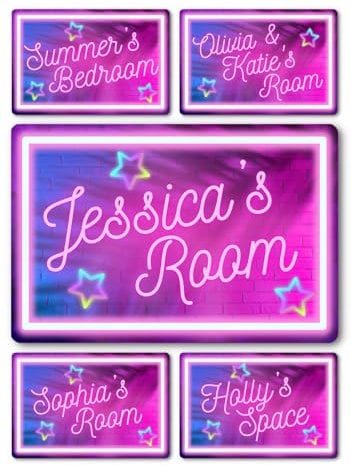 Bedroom Decor Name Signs - Custom Personalised Neon Style Metal Plaque for Children, Kids, Boys & Girls Home Decor, Nursery, Playroom Door (Girls Violet Patterned)