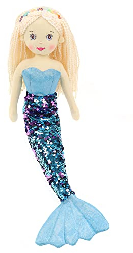 ELLUG Softpuppe/Stoffpuppe Meerjungfrau als Kuscheltier und Spielzeug mit Glitzerstoff & Pailetten 45cm (Blau)