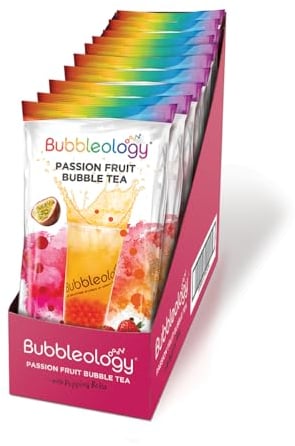 Bubbleology Passion Fruit Bubble Tea Kit (Pack of 10) Boba Tea Kit with Strawberry Popping Boba | Makes 10 Passion Fruit Bubble Teas | Just Add Water