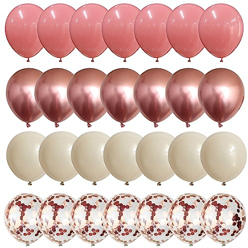Dusty Pink and Rose Gold Balloons, 12In Retro Blush Pink Beige White Balloons with Metallic Rose Gold Confetti Latex Balloons Set for Girls Women Birthday Baby Bridal Shower Wedding Party Decorations