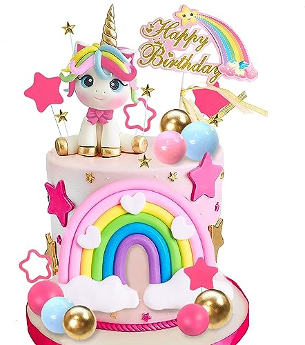 29 PCS Unicorn Cake Topper, Rainbow Cake Decorations with Stars, Balls, Happy Birthday Decorations for Boys Girls Kids Birthday Party Baby Shower Supplies (Star)