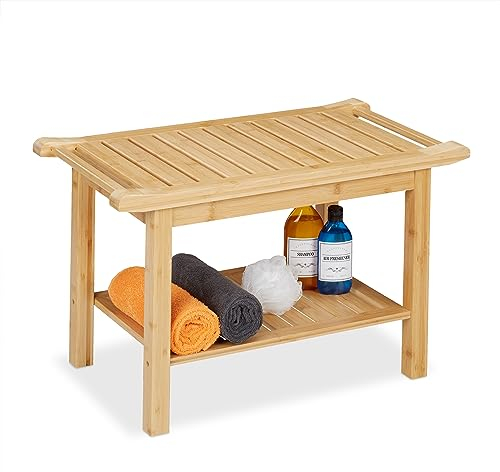 Relaxdays Tabouret de Bain en Bambou, Surface de Rangement & poignées, H x L x P: 45 x 75 x 40,5 cm, 2 Personnes, Nature