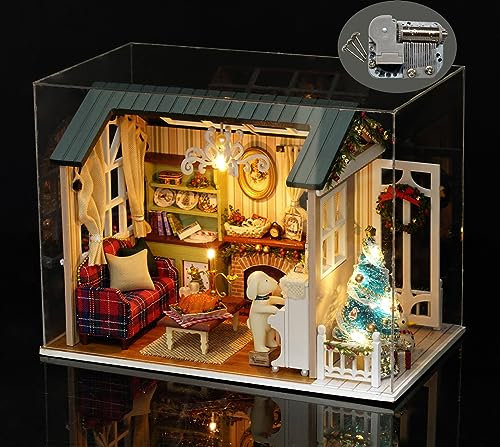 DIY Miniatur Puppenhaus Kit 1:24 Mini 3D Holz Mini Puppenhaus-Zimmer mit Möbeln, LED Leuchten, Weihnachts Dekoration, Geburtstags Geschenk für Kinder, Jugendliche, Erwachsene (Holiday time)(Spieluhr)