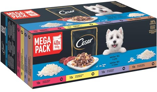 Cesar Selektion in Gelee Premium Hunde Nassfutter für Senior 10+ im Portionsbeutel Getreidefrei mit Superfoods in 4 Varietäten Megapack 40x100g