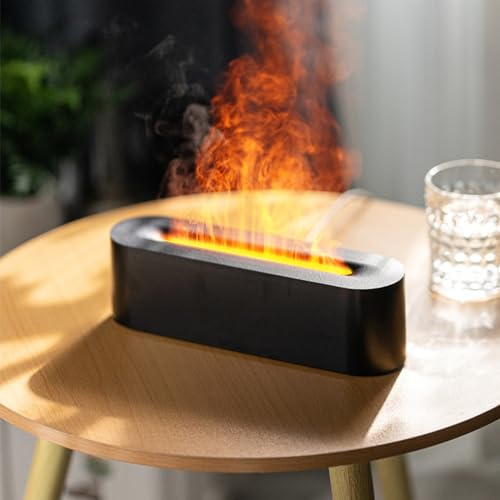 Flamme Aroma Diffusor Luftbefeuchter, 130 ml Tragbarer Aromatherapie Nebel Luftbefeuchter mit 7 Flammen Farbe Nachtlicht Diffusor 2 Nachtlichtmodi, Wasserlose Abschaltautomatik (B-Schwarz)