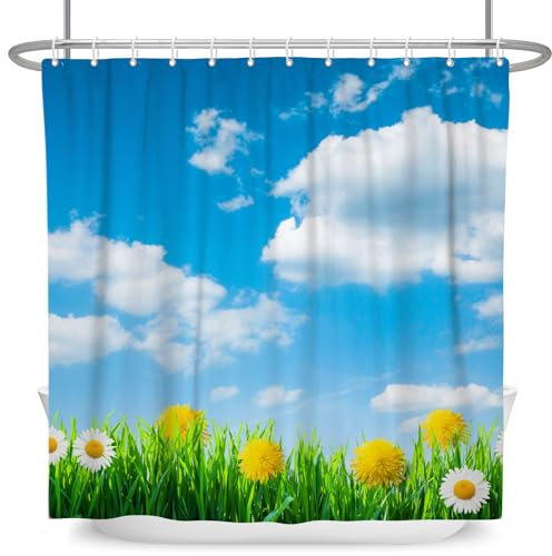 MIRRORANG Rideau de douche 140 x 180 cm motif jardin printanier champs fleurs bleu ciel blanc nuages marguerites rideau de douche pour salle de bain en polyester imperméable avec crochets