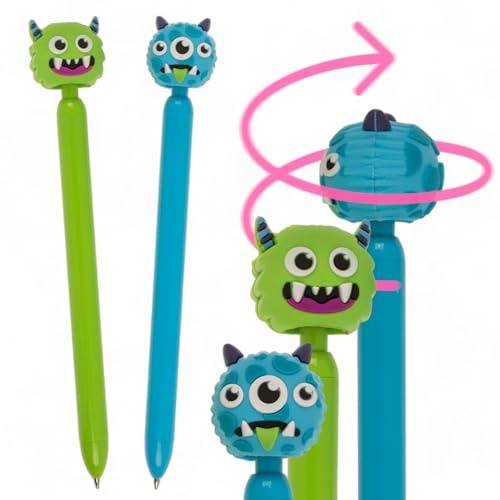 MIJOMA Monster Kugelschreiber Set mit Fidget Topper - Drehender Monsterkopf, Schreibfarbe Schwarz, 16,4cm, Grün & Türkis, 2 Stück – Spiel & Spaß für Schule & Freizeit