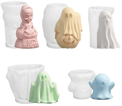 5 Stück Halloween Geist Kerzenform Silikon 3D Silikonformen Gießformen, DIY Kerzen Formen Silikon Kerzengießformen Set, Halloween Deko Kerzenformen Zum Gießen Für Kerzen, Seife, Handwerk