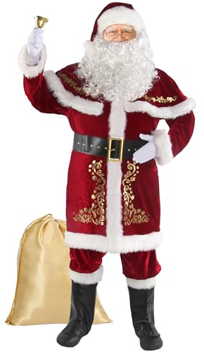 Costume de Père Noël de Noël pour Hommes Adulte 12pcs Père Noël Costume Deluxe Tenue De Velours Professionnel pour Noël Fête De Noël
