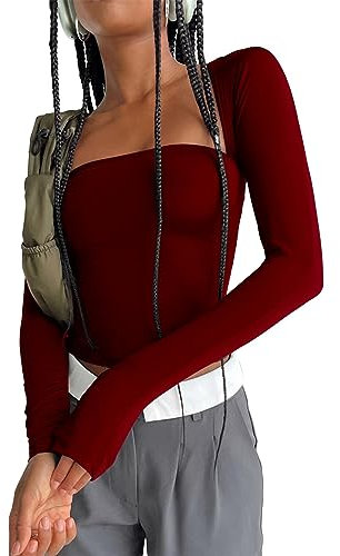 Litthing Women Long Sleeve Square Neck Tops Women Slim Fit Cotton Long Sleeve T Shirt Y2K Sexy Low Cut Crop Top Ladies Solid Color High Elasticity Tight Going Out Tops Claret