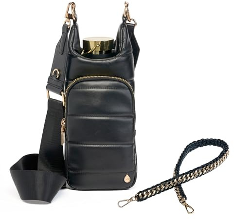 WanderFull® Original HydroBag® Vegan Leather, Fits Up to 32 oz Water Bottle Holder w/ 2 Straps, Hands-Free Crossbody Water Bottle Carrier Bag with Phone Pocket, Tumbler Accessories - Black