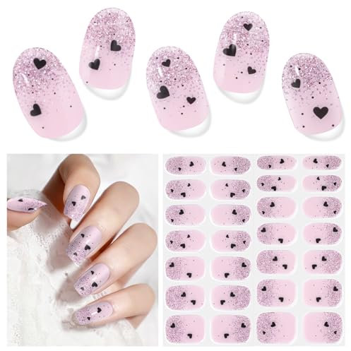 DUKASOU Nagelfolie UV Härtend - 28 Stück Nagelaufkleber Nagelfolien Selbstklebend,UV Gel Strips für UV Lamp,Lang Anhaltende Gel-Nagelaufkleber Herz Art Stickers