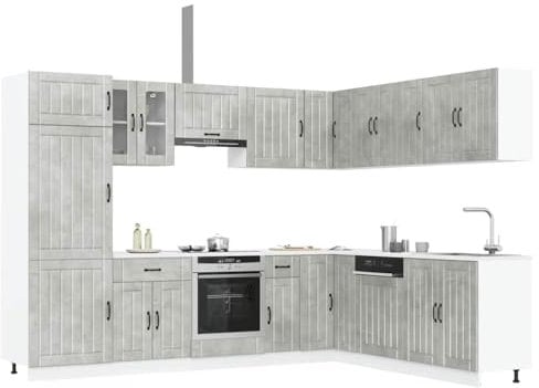 Gecheer 14-TLG. Küchenschrank Set Küche Hängeschrank Unterschrank, Küchenzeile Küchenblock Platzsparend, Küchenblock Einbauküche, Lucca Betongrau Holzwerkstoff