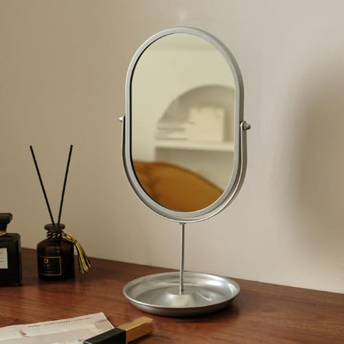 Hosoncovy Metal Frame Desktop Mirror with Stand Tabletop Makeup Mirror with Storage Tray Oval Free Standing for Bathroom Bedroom (Silver)