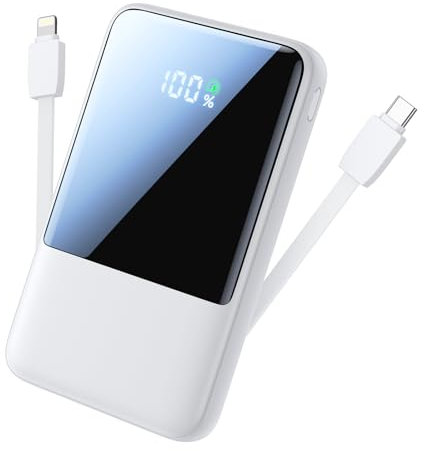 Batterie Externe 10000mAh Mini Ultra-Légère, Powerbank 22.5W PD avec 2 Câbles Intégrés (Type-C + Lightning) & Entrées USB-A/USB-C, Batterie Portable Compacte pour iPhone 16/15/14, Samsung Galaxy, iPad